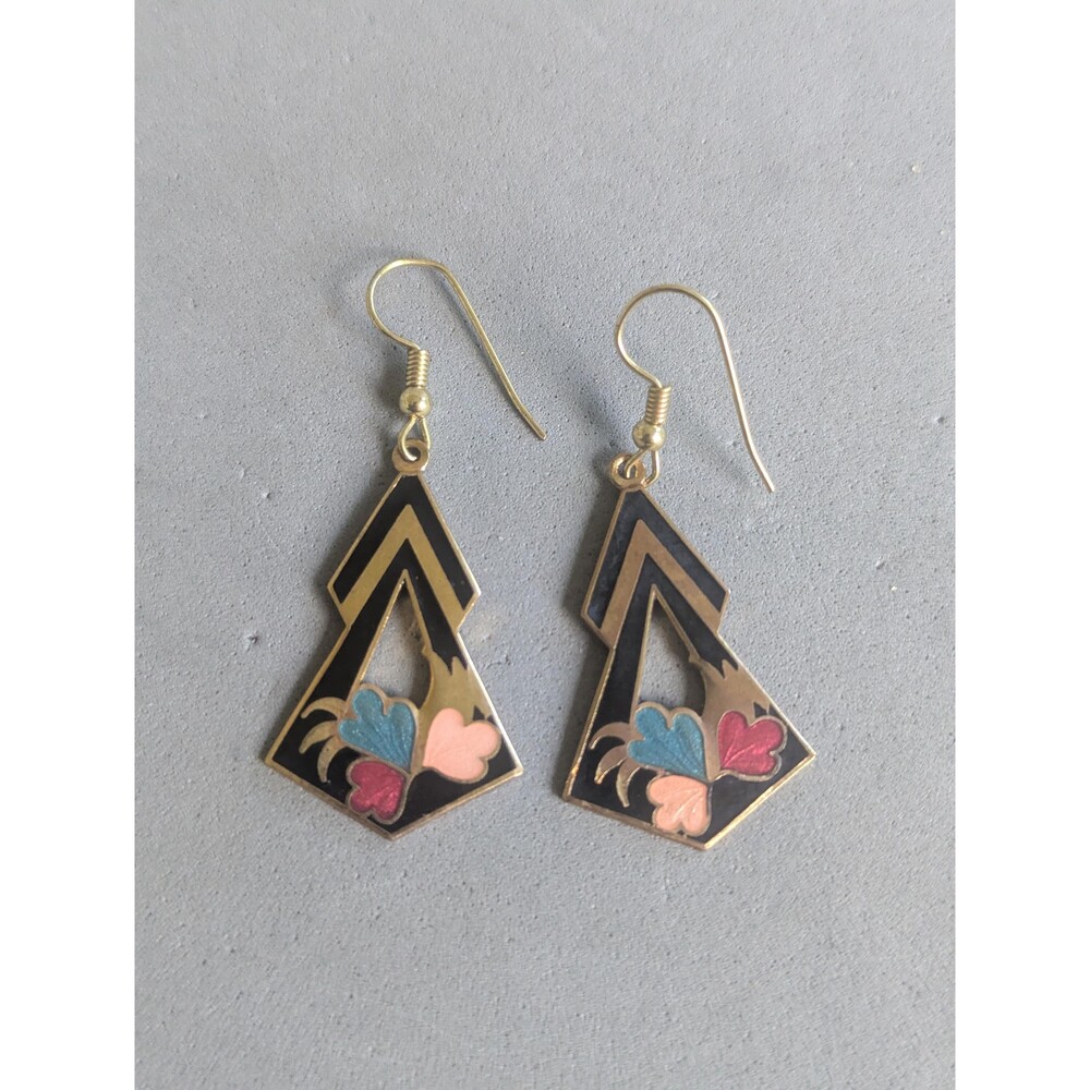 Vintage Taiwan Cloisonné Black Floral Geometric Dangle Earrings Enamel NOS